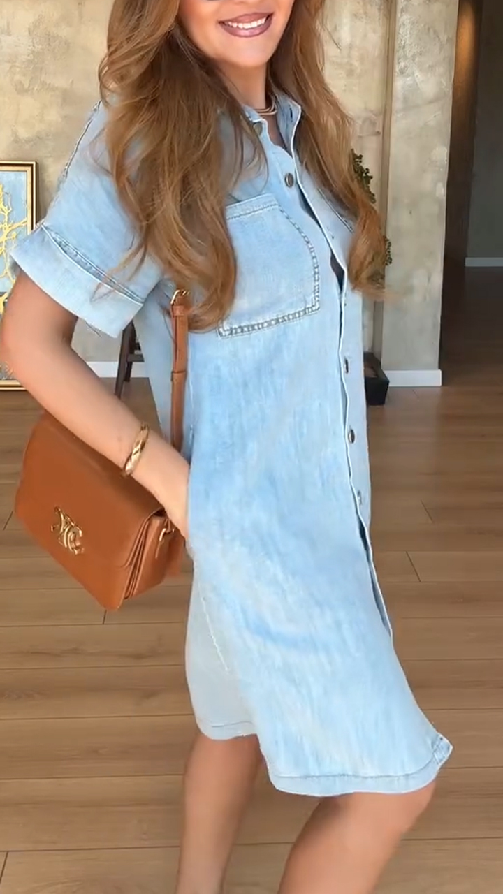 Lapel Short Sleeve Button Denim Dress