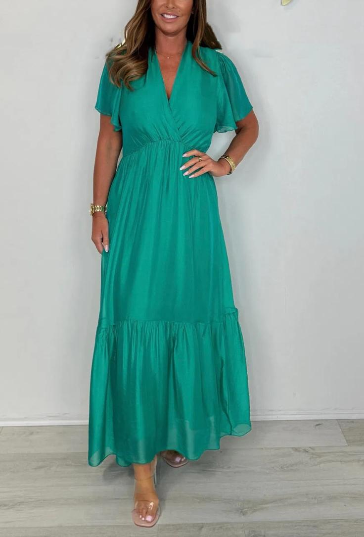 Silk Mix V-Neck Frill Short Sleeve Maxi Dress