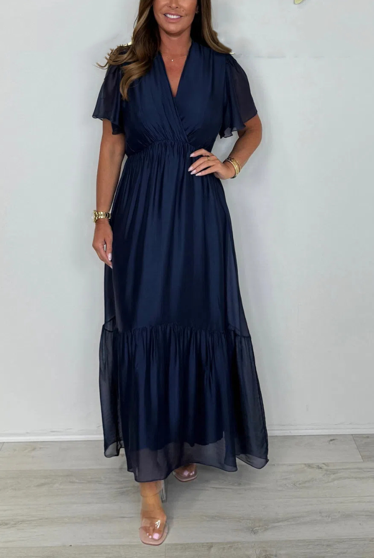 Silk Mix V-Neck Frill Short Sleeve Maxi Dress
