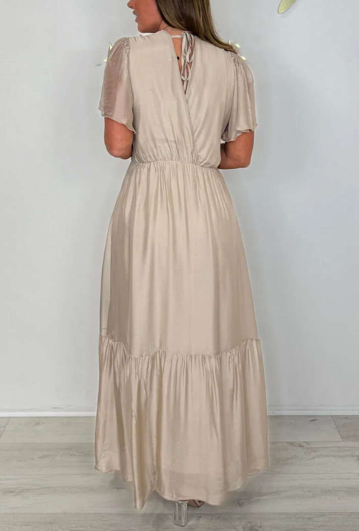 Silk Mix V-Neck Frill Short Sleeve Maxi Dress