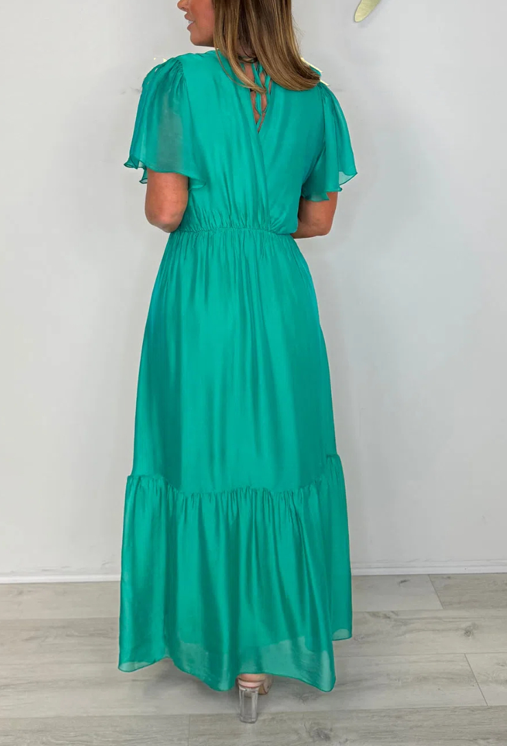 Silk Mix V-Neck Frill Short Sleeve Maxi Dress