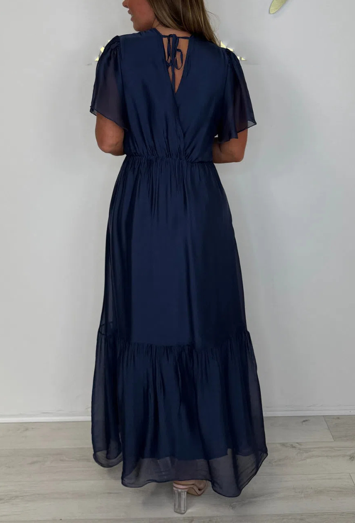 Silk Mix V-Neck Frill Short Sleeve Maxi Dress
