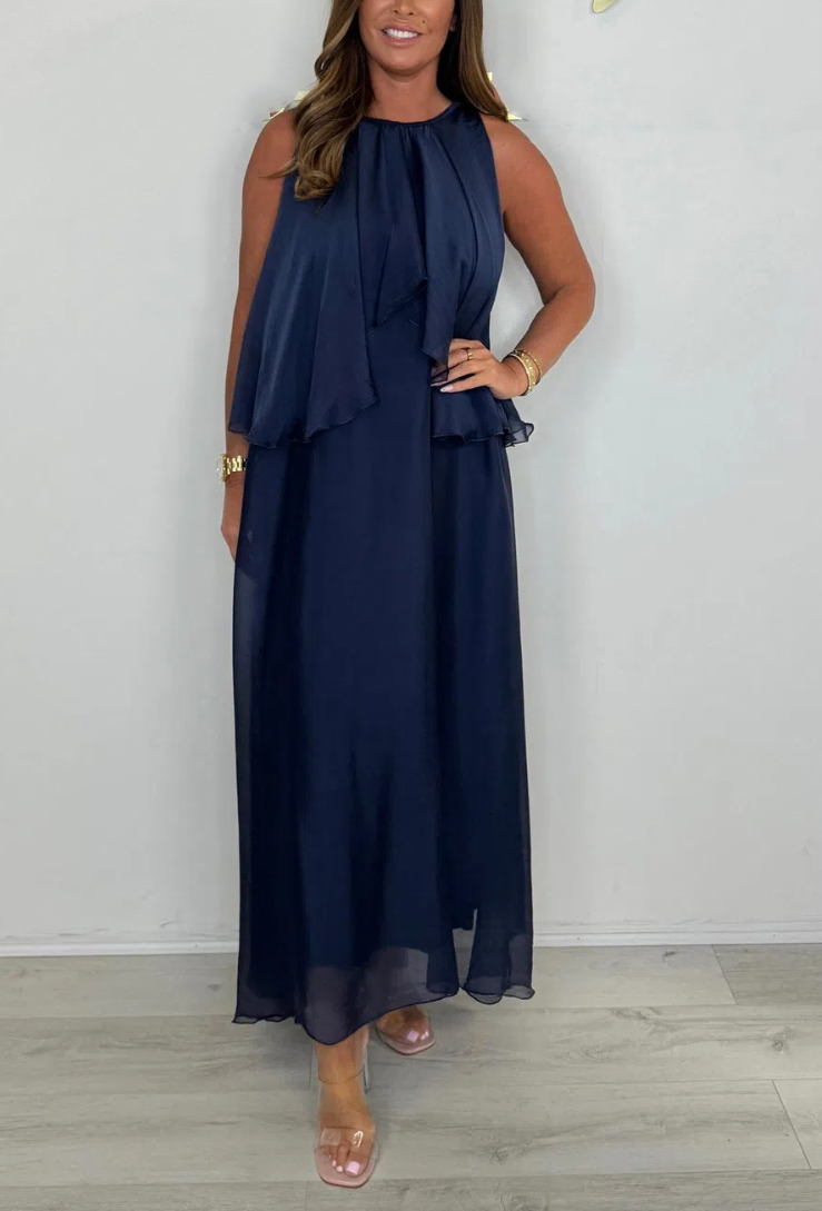 Silk Mix Sleeveless Tie Neck Waterfall Maxi Dress