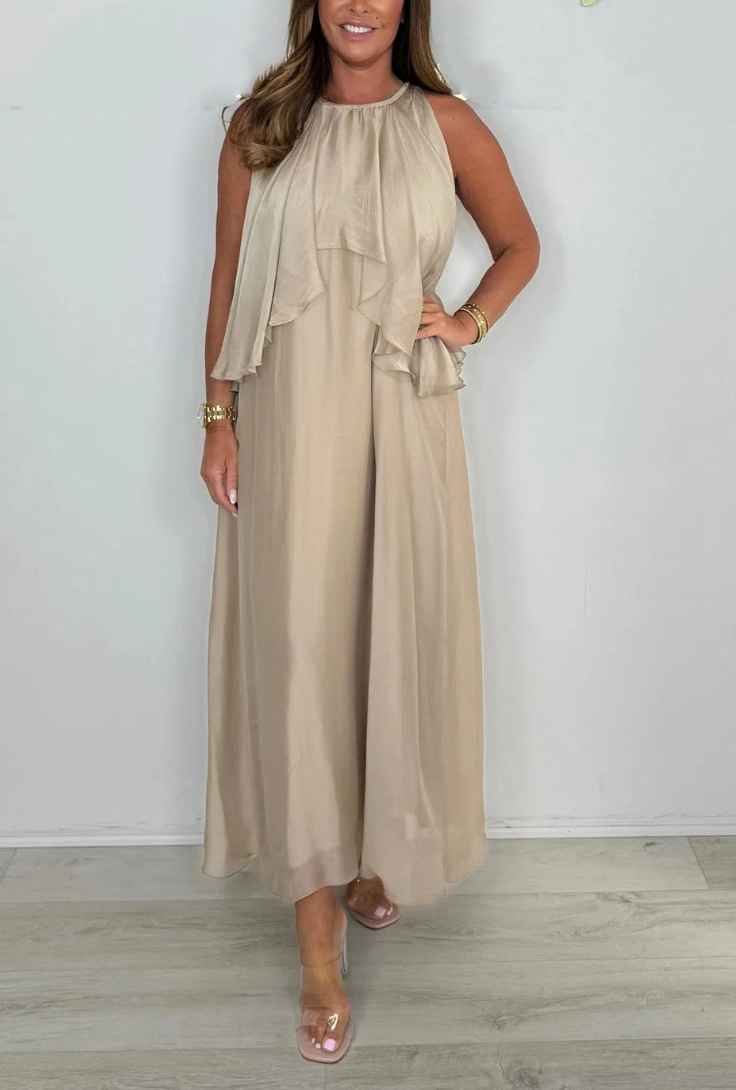 Silk Mix Sleeveless Tie Neck Waterfall Maxi Dress