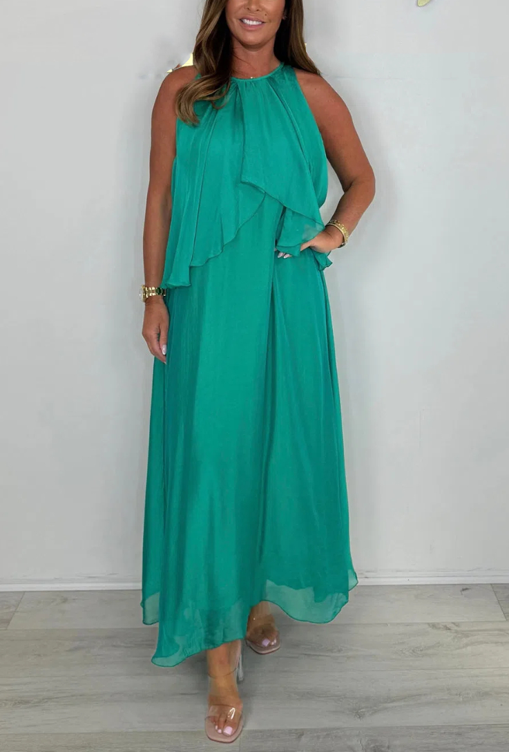 Silk Mix Sleeveless Tie Neck Waterfall Maxi Dress