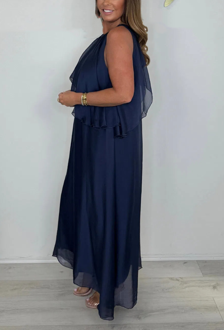Silk Mix Sleeveless Tie Neck Waterfall Maxi Dress