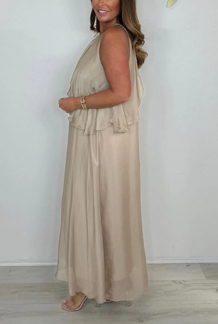 Silk Mix Sleeveless Tie Neck Waterfall Maxi Dress