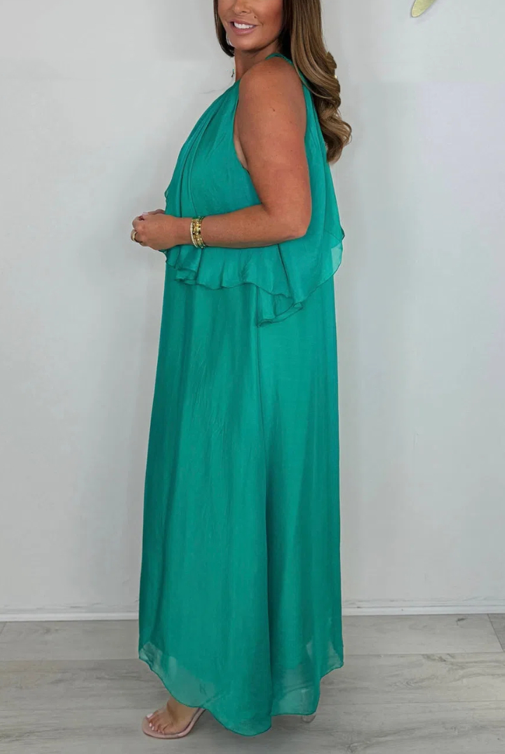 Silk Mix Sleeveless Tie Neck Waterfall Maxi Dress