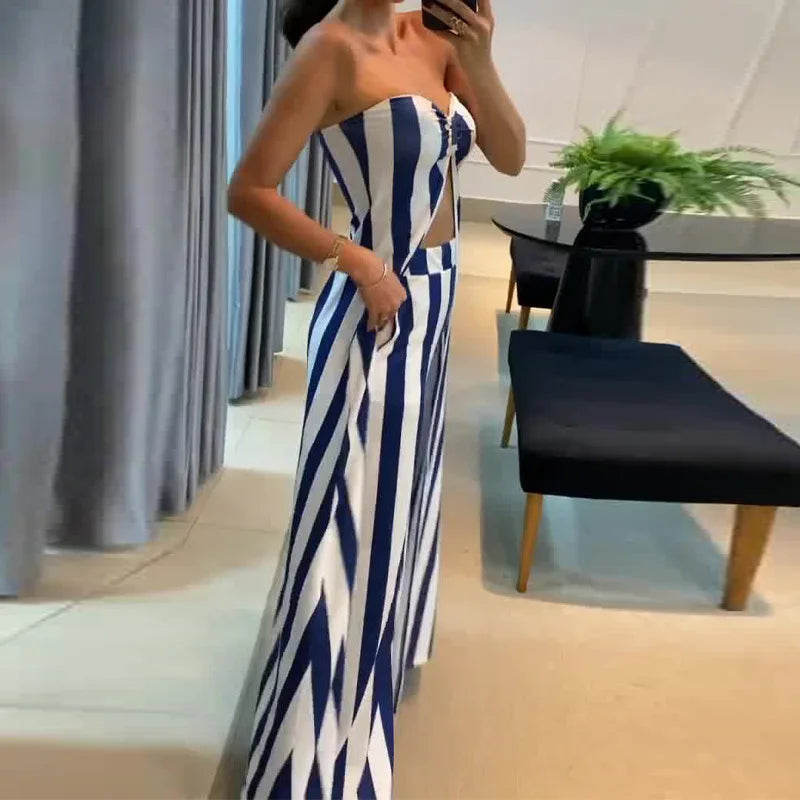 Striped tube top wide-leg pants suit