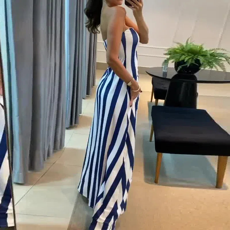 Striped tube top wide-leg pants suit