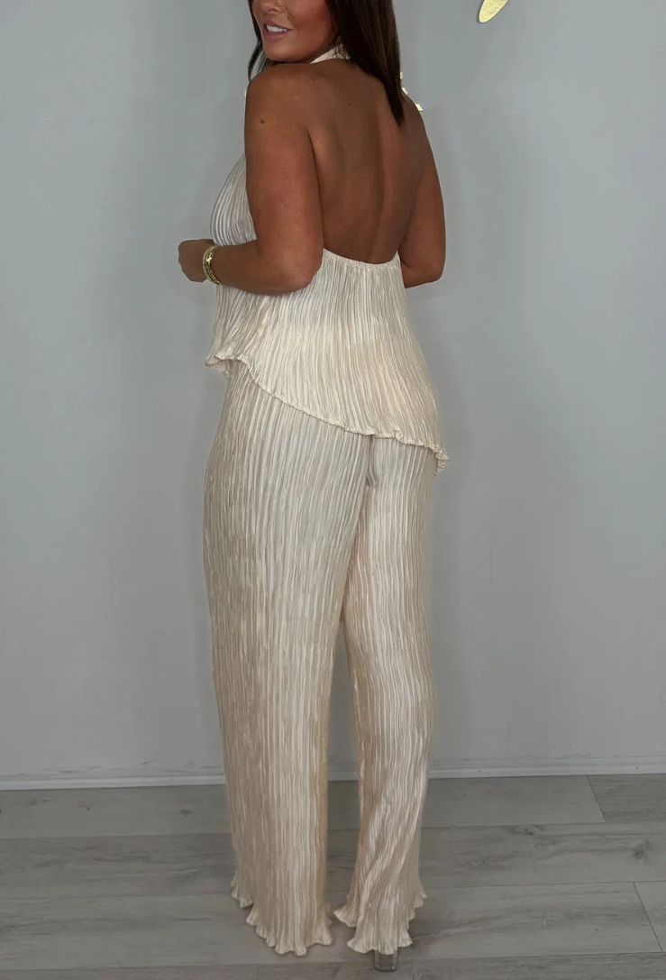 Crinkle Halter Neck Backless Asymmetric Trouser Co-ord