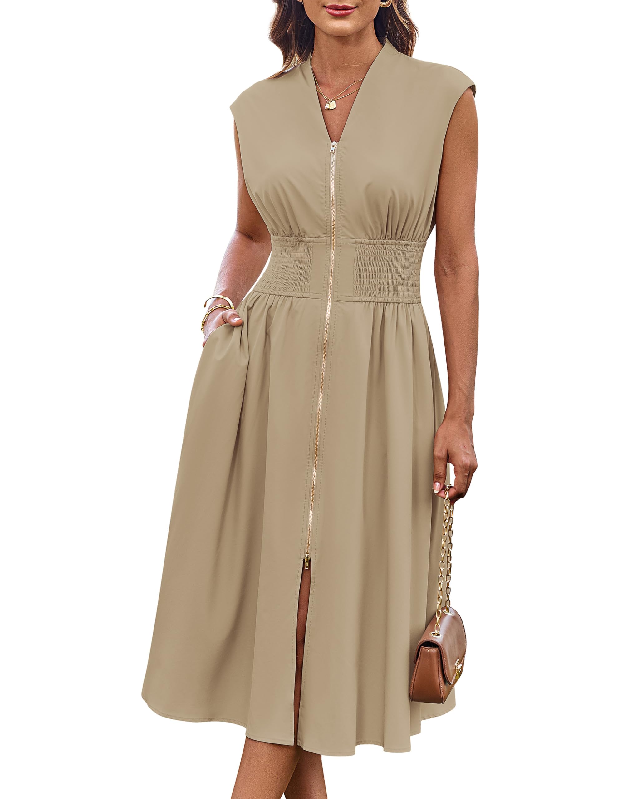 Sleeveless Front Zip Dress (With Pockets)