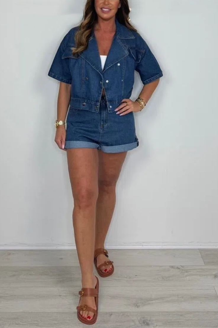 Dark Denim Double Breasted Collared Jacket & Shorts Set