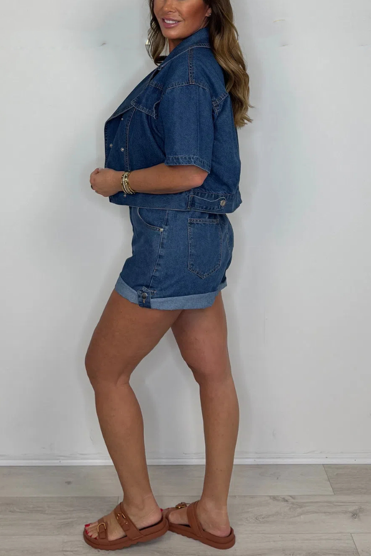 Dark Denim Double Breasted Collared Jacket & Shorts Set