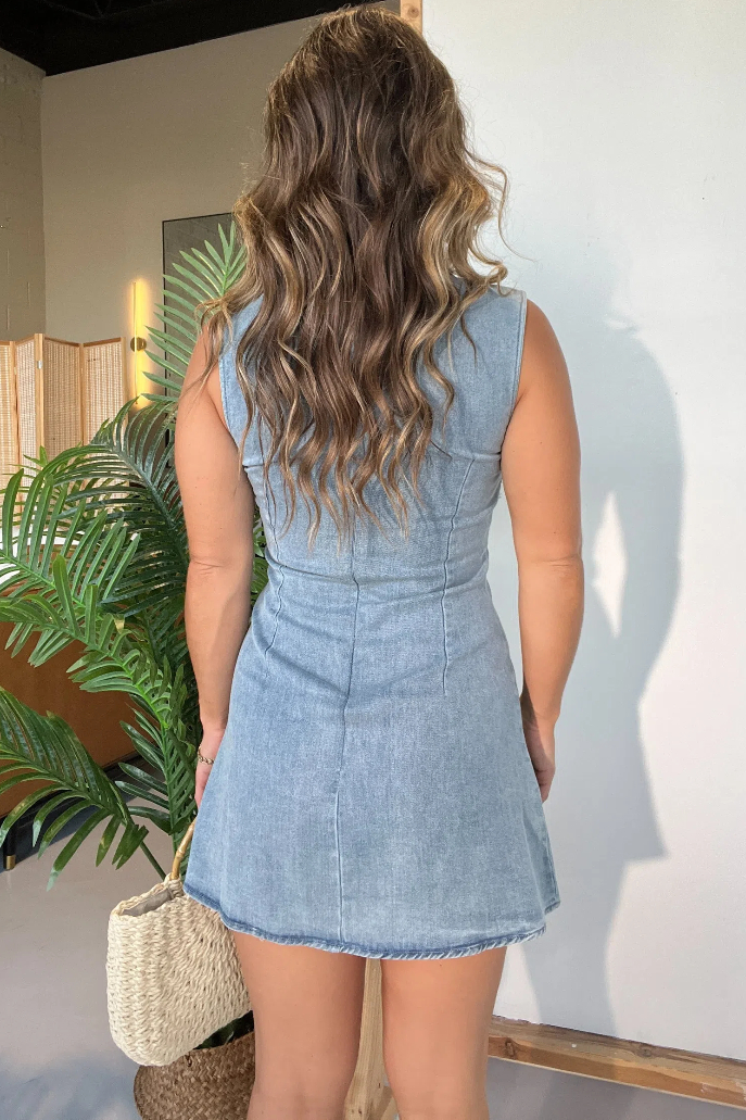 Denim Round-neck Sleeveless Bow Dress