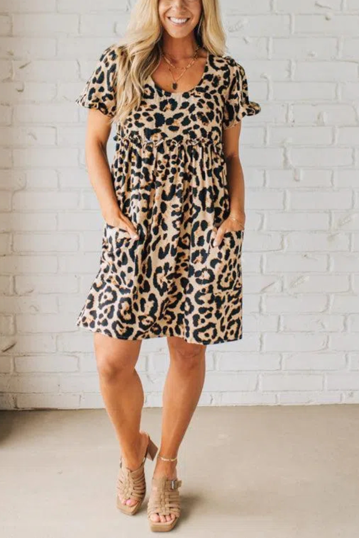 Leopard Tie Back Puff Sleeve Dress