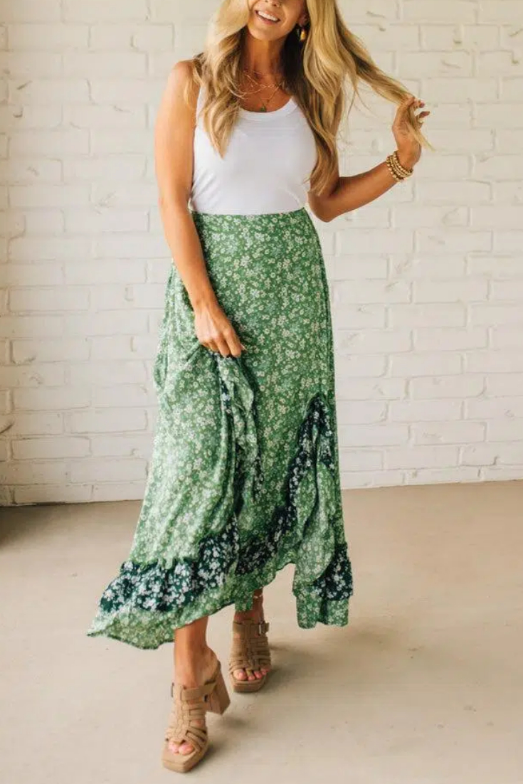 Double Side Slit Ruffled Maxi Skirt