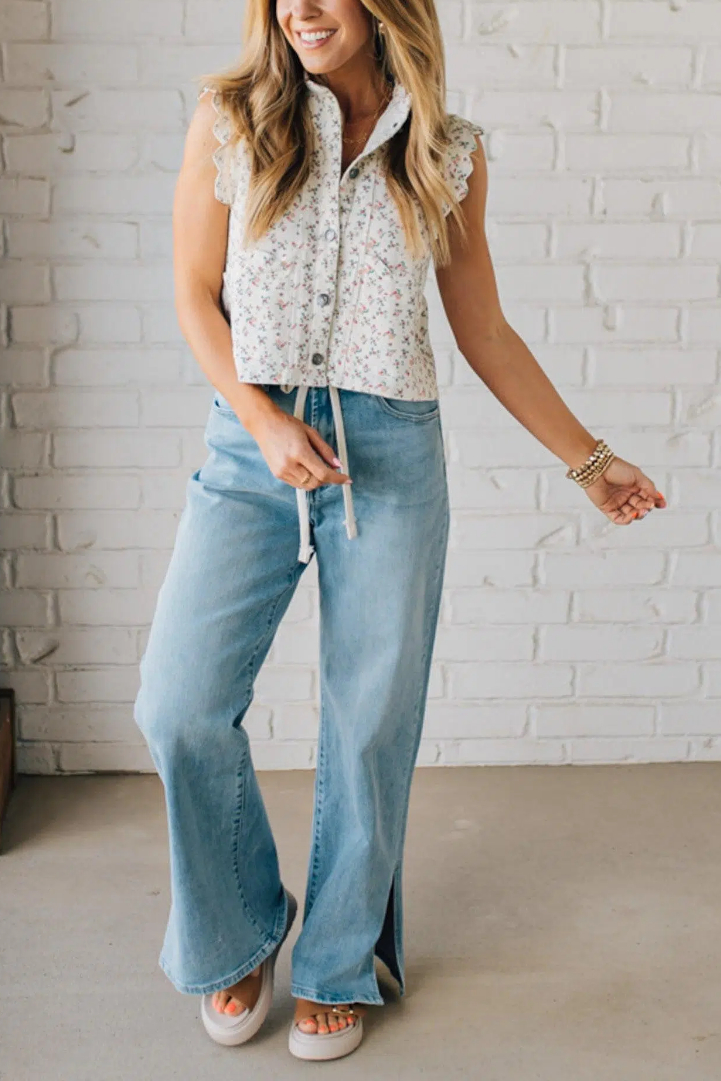 Sisiney Side Slit High Rise Drawstring Jeans