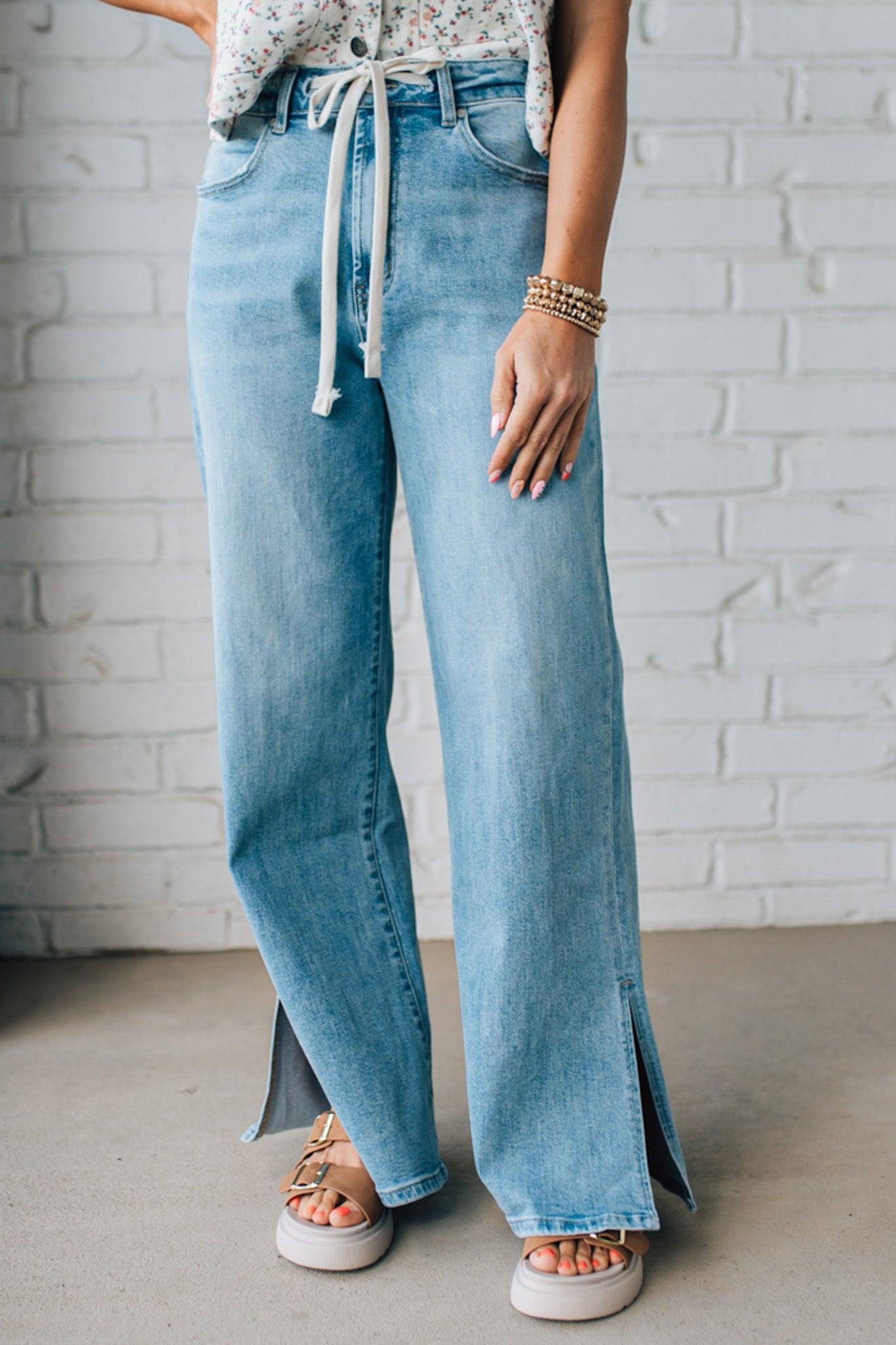 Sisiney Side Slit High Rise Drawstring Jeans
