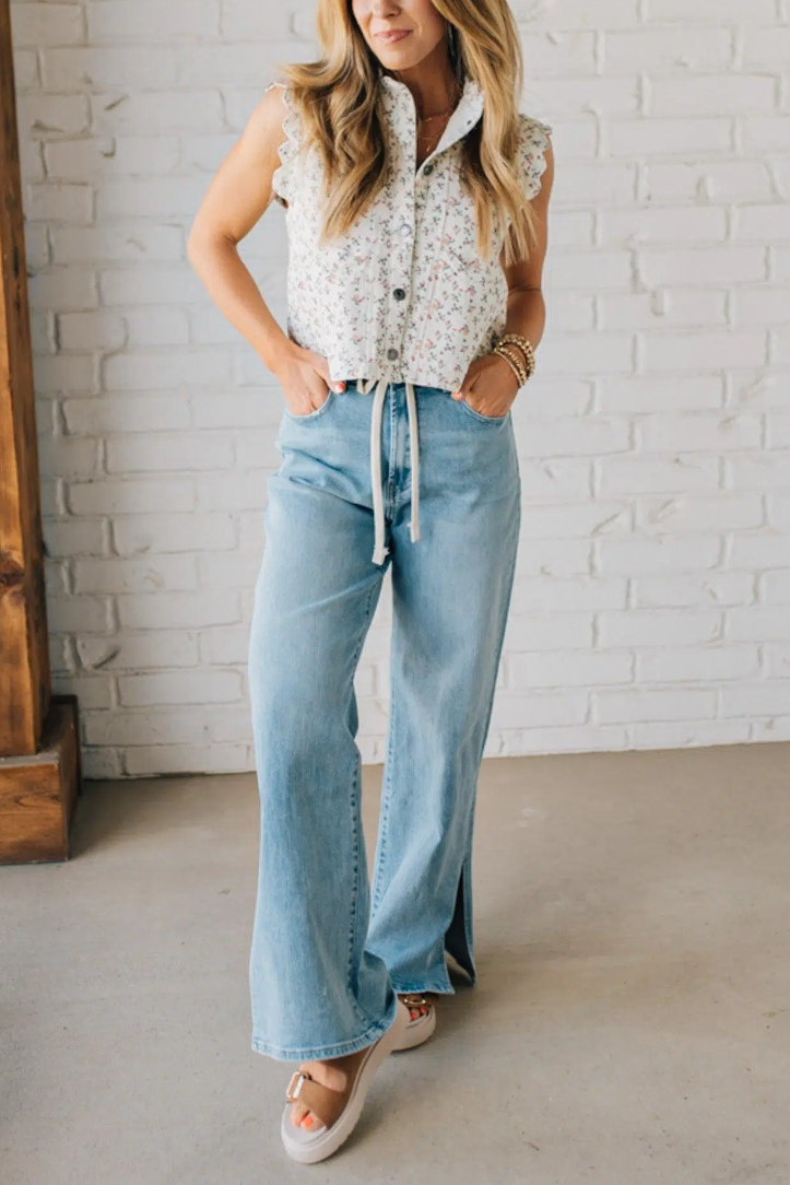 Sisiney Side Slit High Rise Drawstring Jeans
