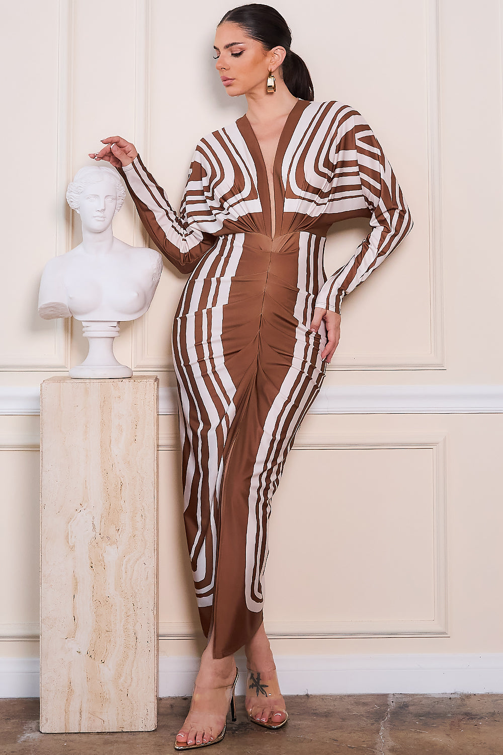 Geometric Stripe Deep V-neck Midi Dress