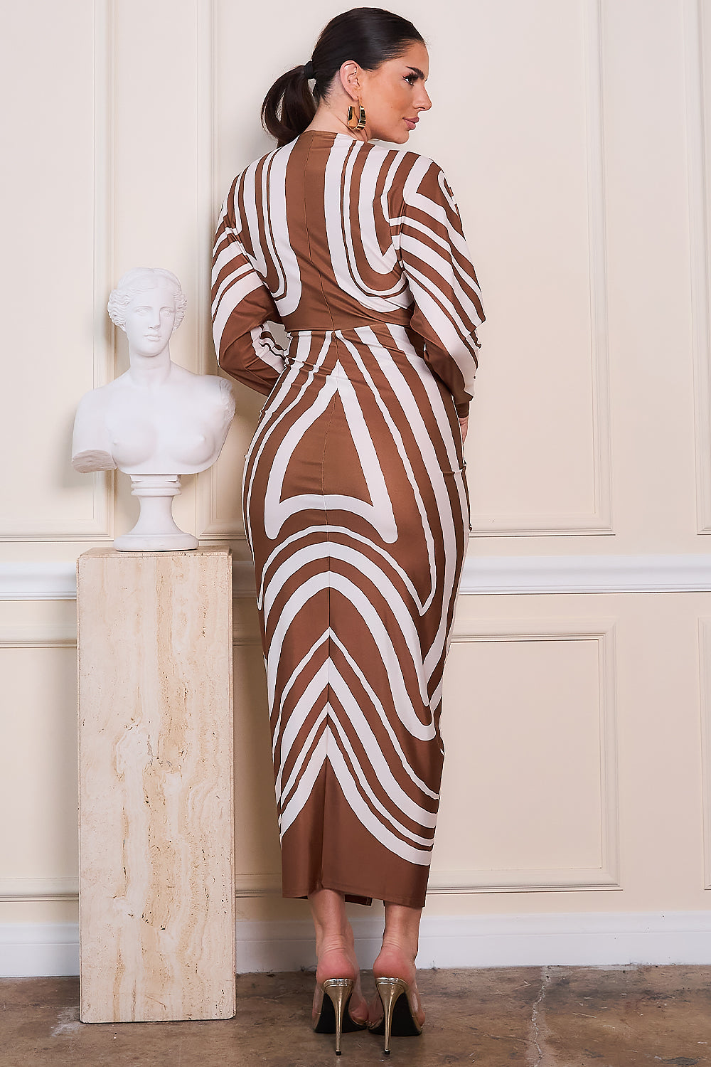 Geometric Stripe Deep V-neck Midi Dress