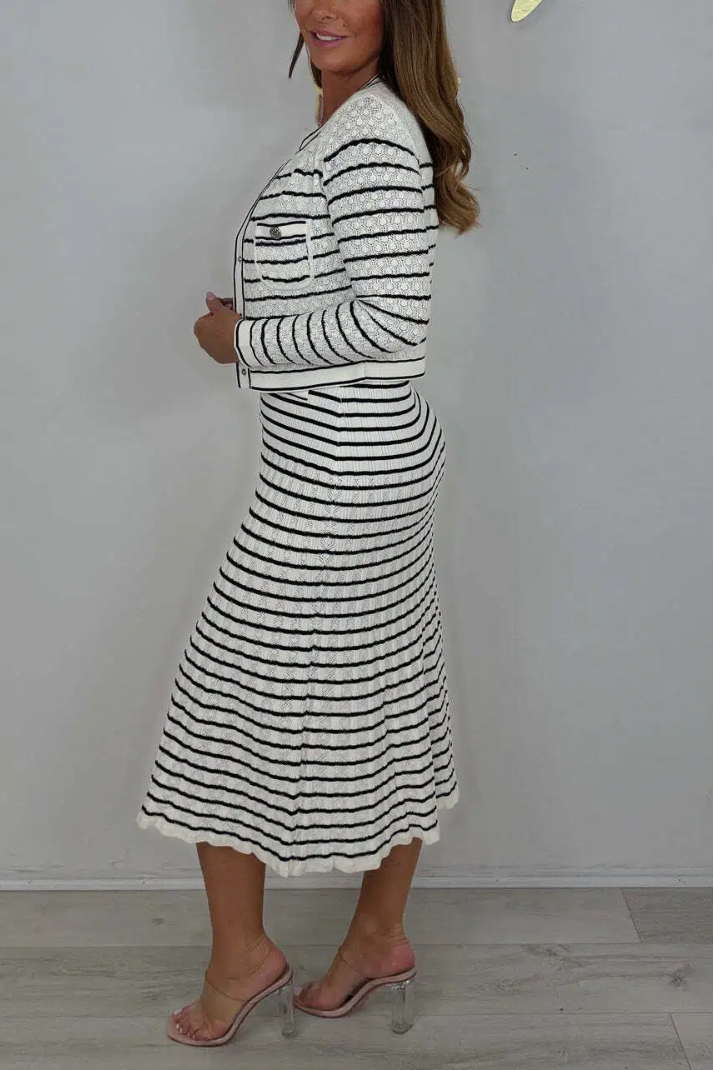 Crochet Silver Hardware V-Neck Midi Skater Dress With Cropped Sleeve Cardigan