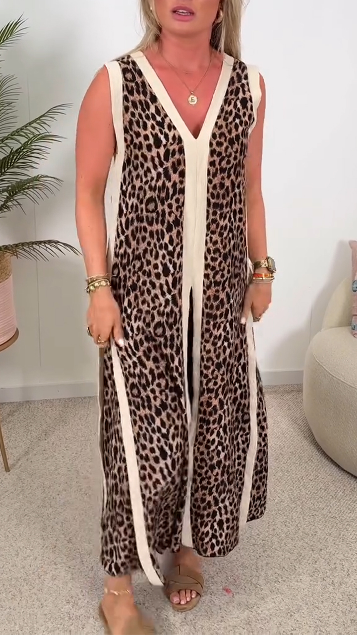 Ladies' V-neck Leopard Print Slit Casual Dress