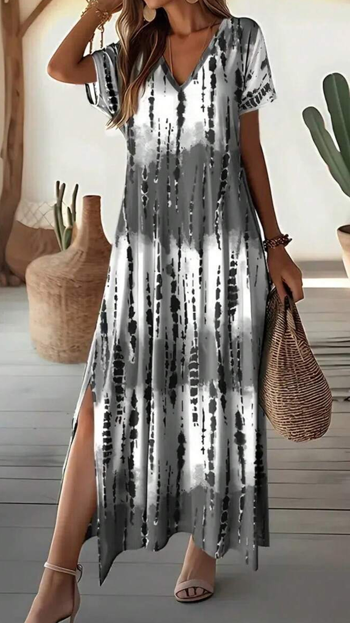 New Summer Women Casual V-Neck Short Sleeve Loose Tie-Dye Printed Split Dress