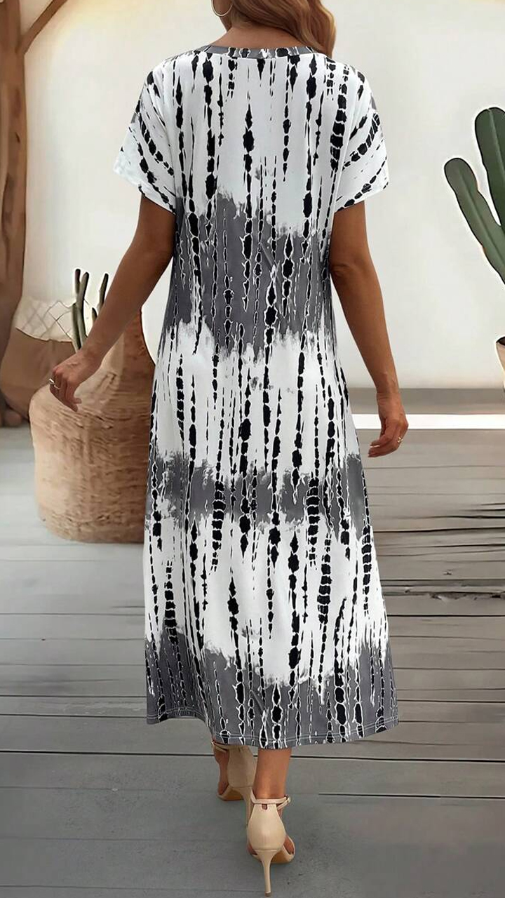 New Summer Women Casual V-Neck Short Sleeve Loose Tie-Dye Printed Split Dress