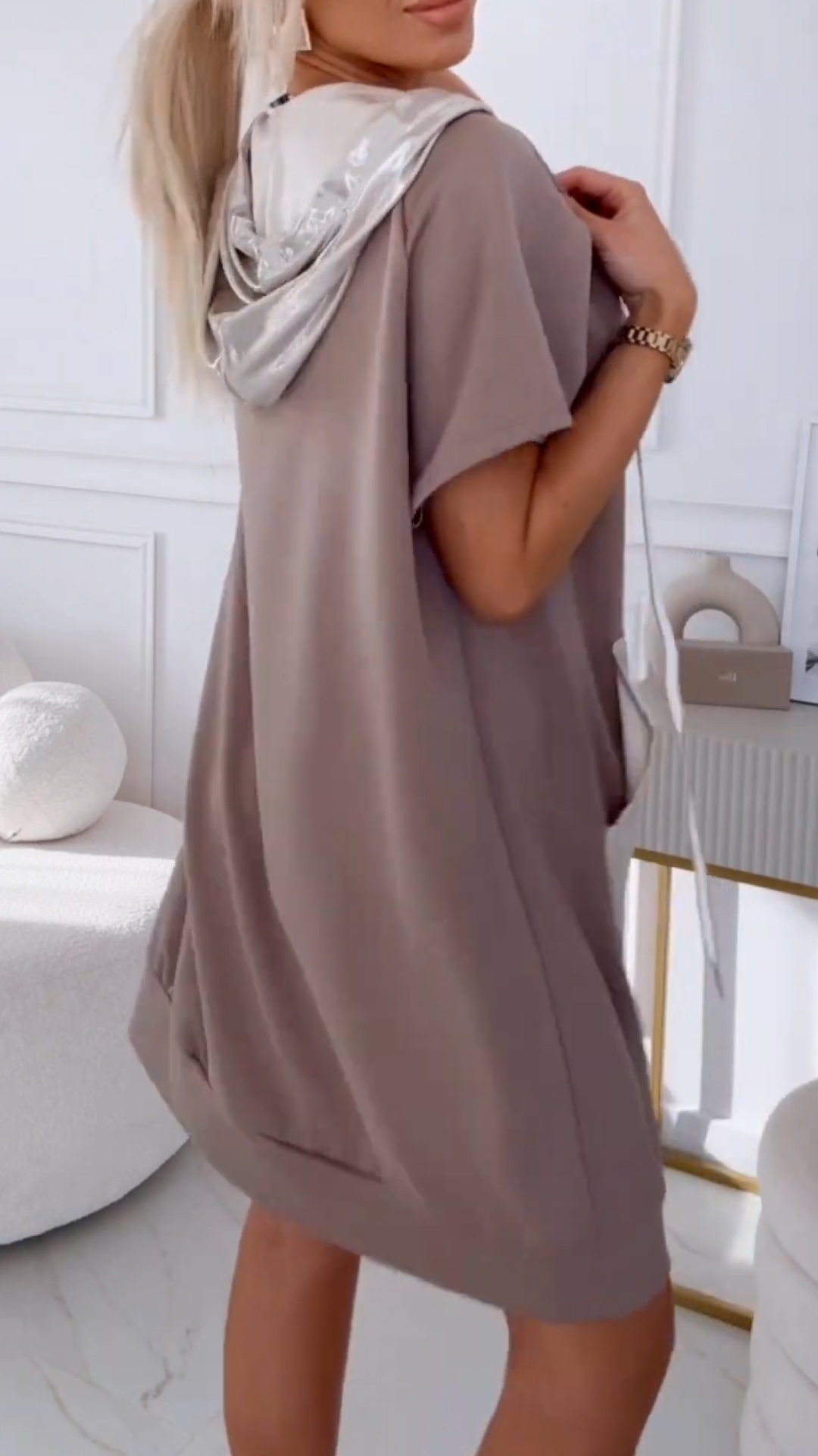 Ladies' Round Neck Hooded Drawstring Patchwork Pocket Casual Dress