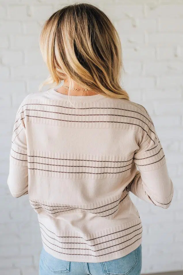 Ribbed and Striped Crew Neck Sweater