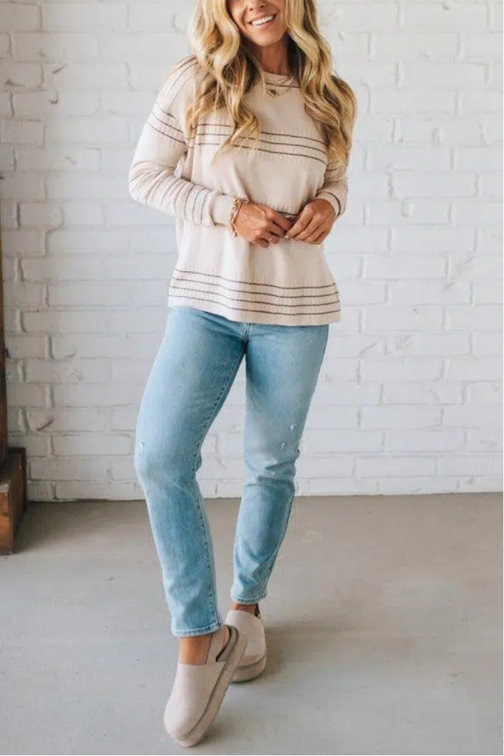 Ribbed and Striped Crew Neck Sweater