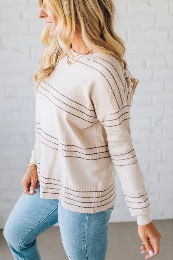 Ribbed and Striped Crew Neck Sweater