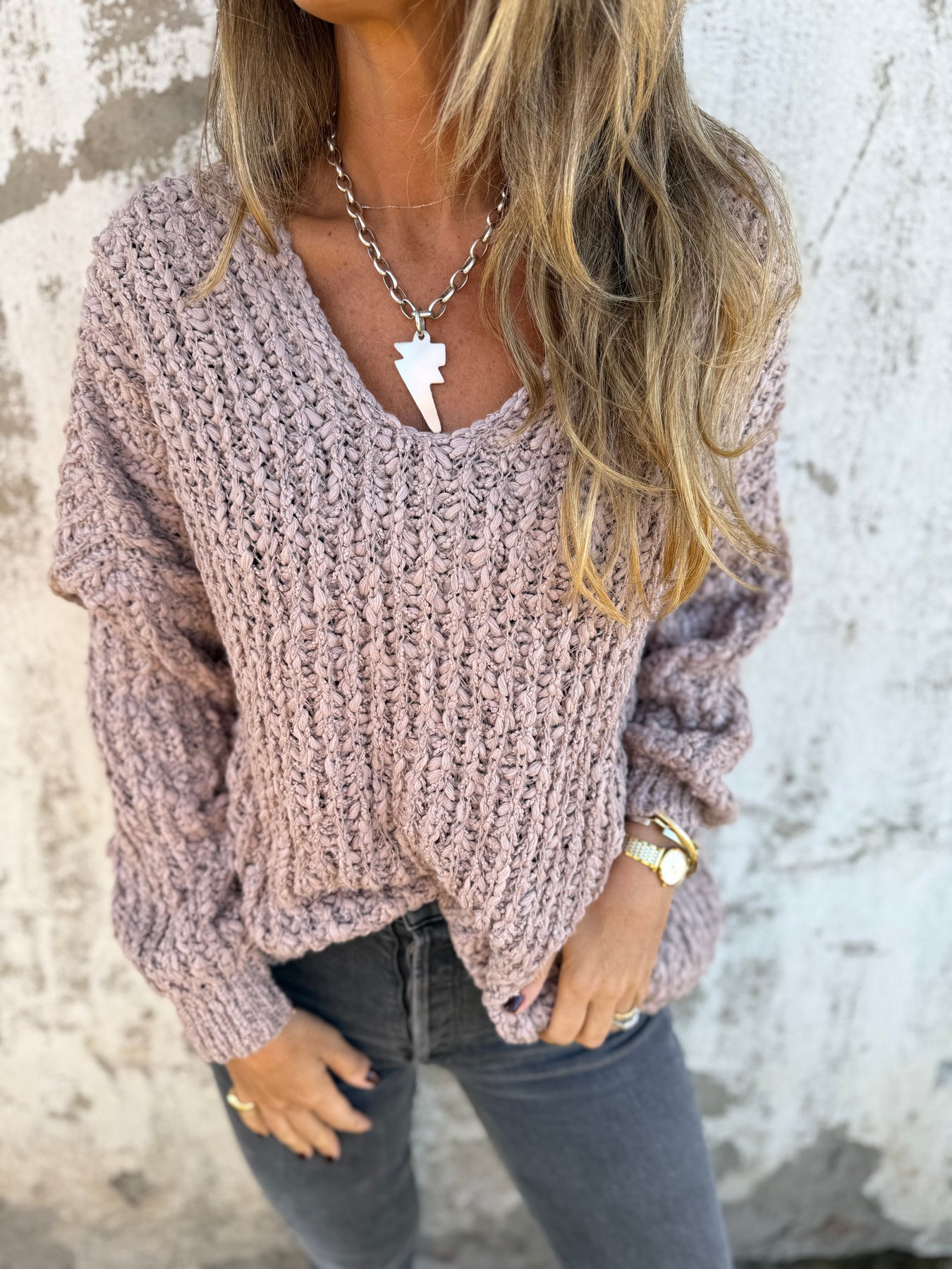 Lady's V-neck Knitted Sweater
