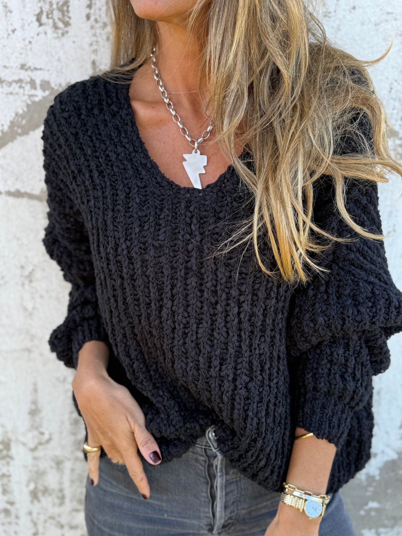 Lady's V-neck Knitted Sweater