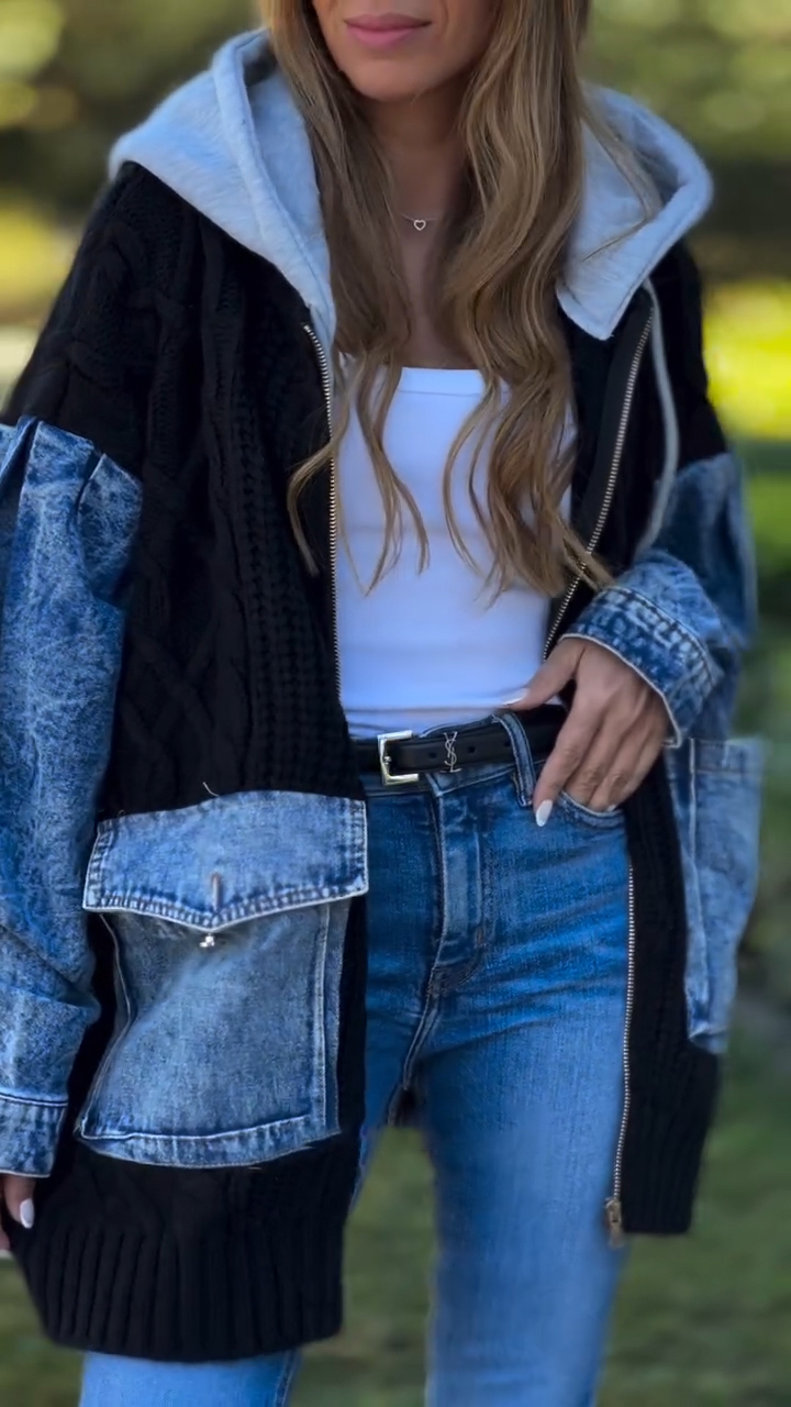 Women Round Neck Hooded Knitted Patchwork Casual Jacket