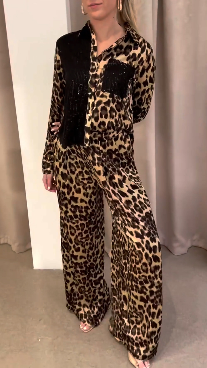 Ladies Collar Patchwork Leopard Print Tops+ Pants Casual Set