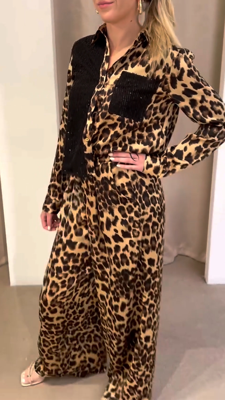 Ladies Collar Patchwork Leopard Print Tops+ Pants Casual Set