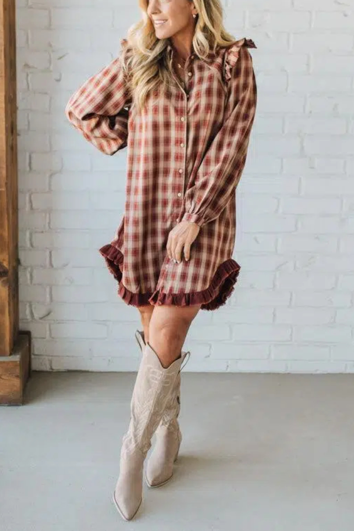 Jonnie Plaid Ruffled Accent Shirt Dress