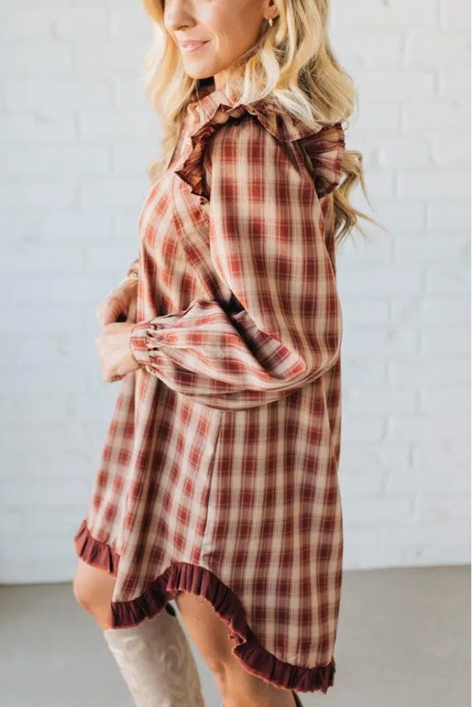 Jonnie Plaid Ruffled Accent Shirt Dress