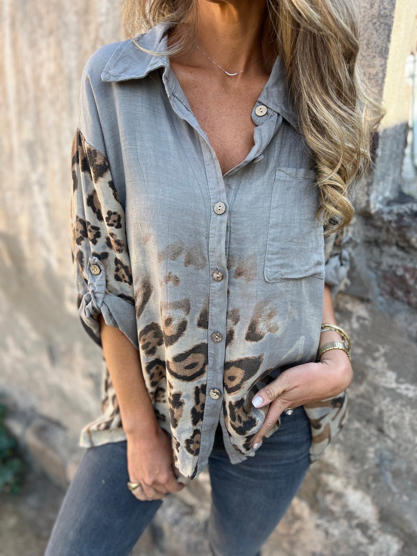 Leopard-printed Denim Shirt