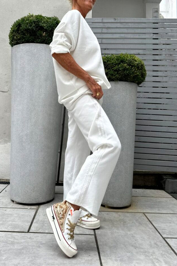 Ladies Round Neck Vertical Stripe Casual Suit