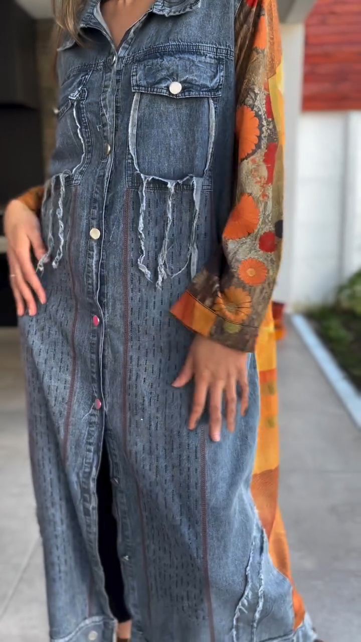 Ladies Collar Patchwork Printed Loose Casual Dress