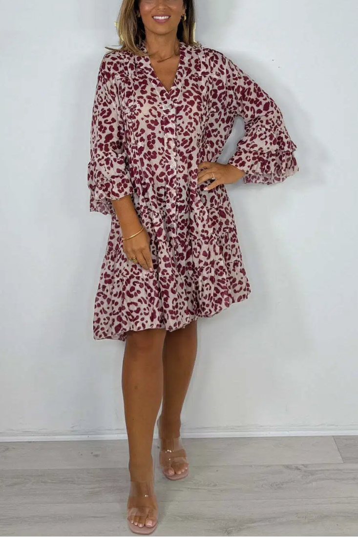 Leopard Print V-Neck Bell Sleeve Swing Dress