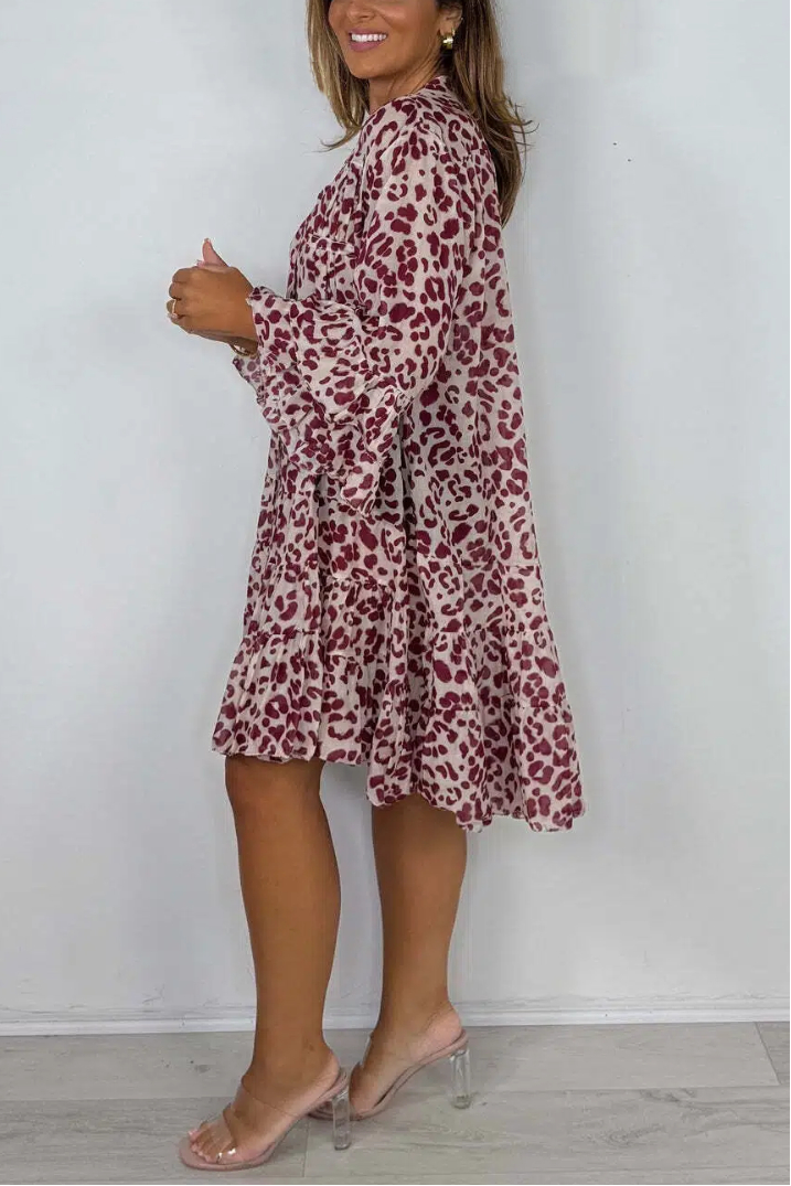 Leopard Print V-Neck Bell Sleeve Swing Dress