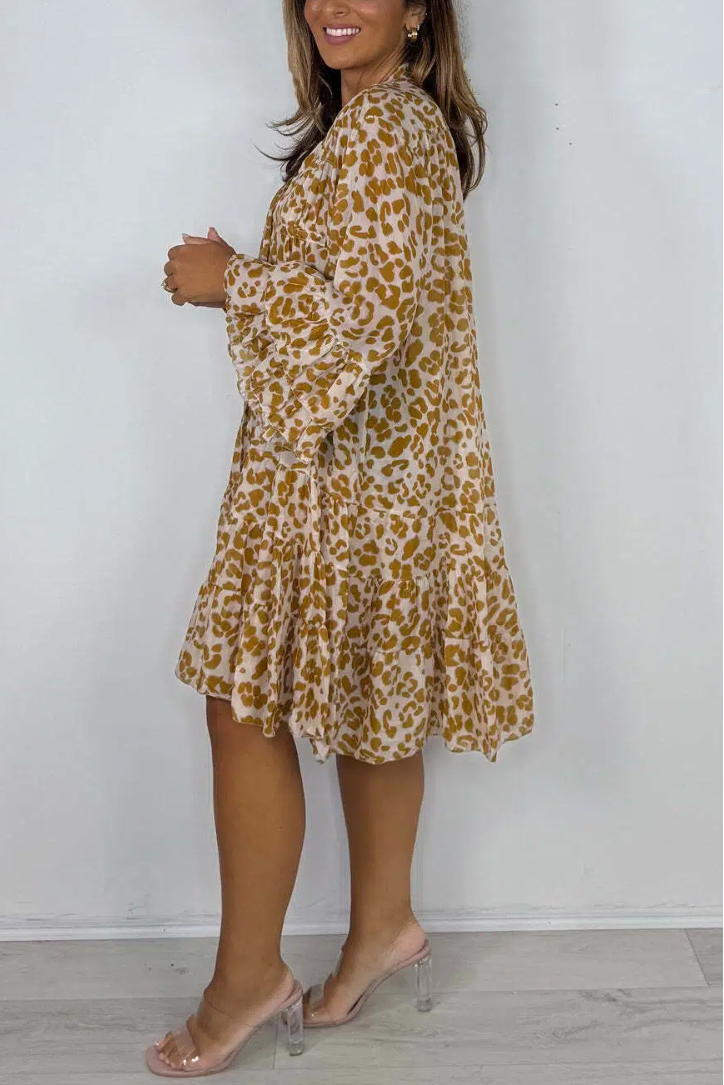 Leopard Print V-Neck Bell Sleeve Swing Dress