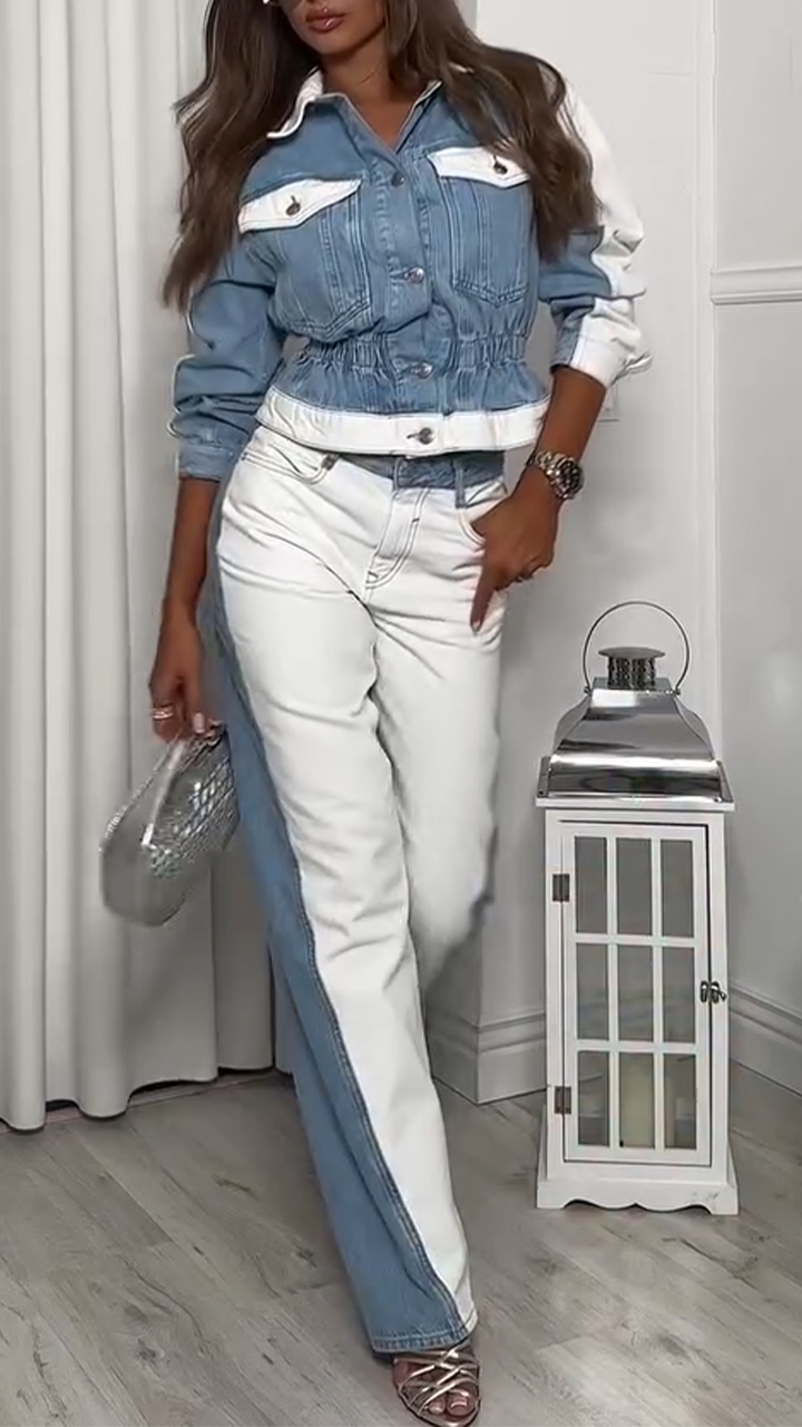 Ladies Collar and Buckle Splicing Top+ Pants with A Casual Temperament Suit