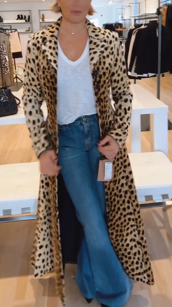 Women Lapel Leopard Print Casual Windbreaker