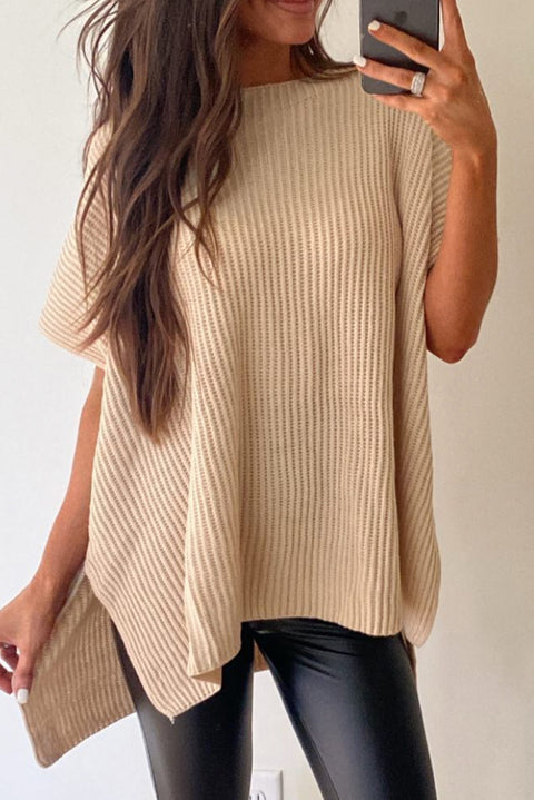 Short-sleeved side-slit vertical striped sweater